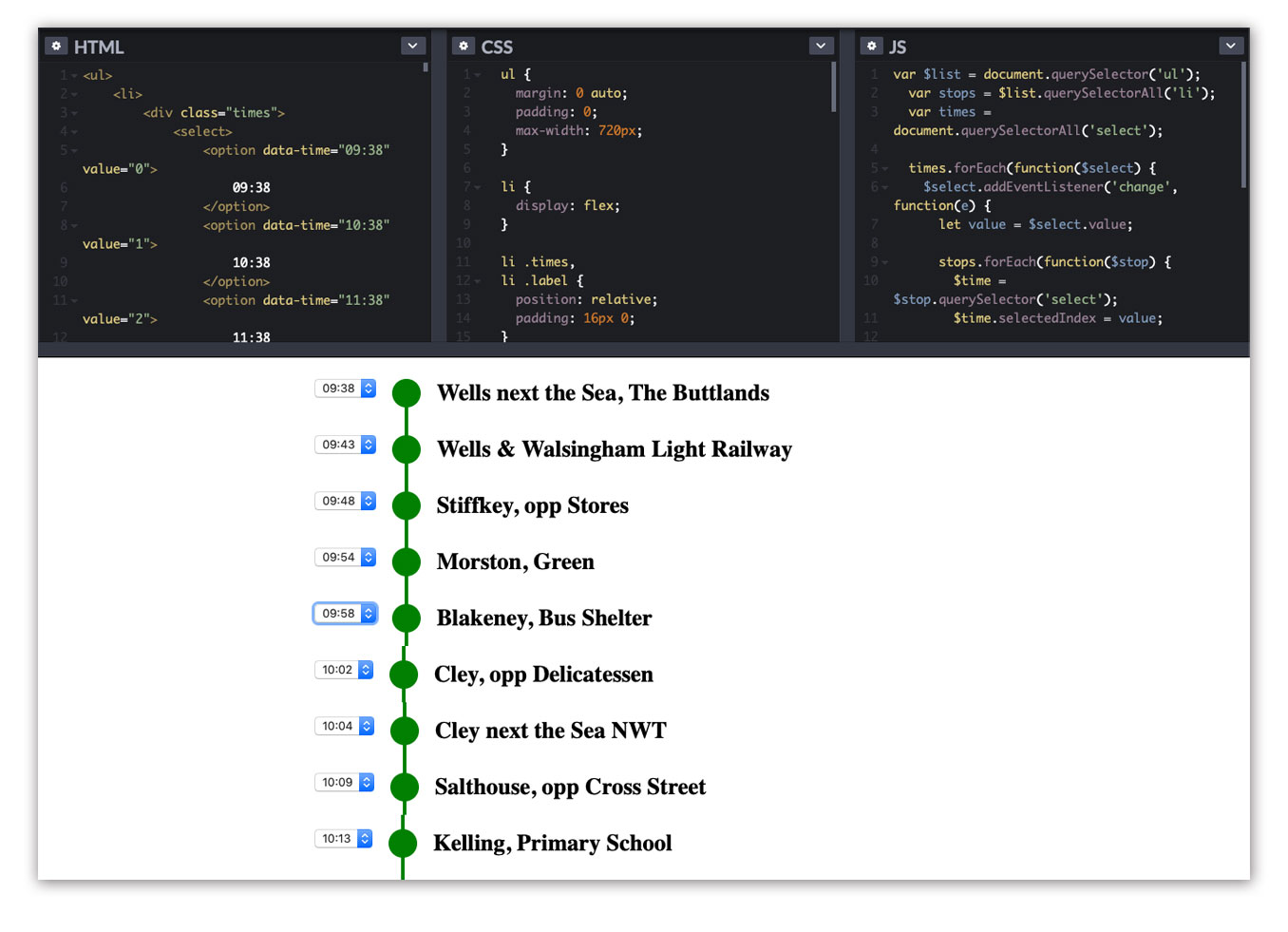 codepen prototype of mobile timetable